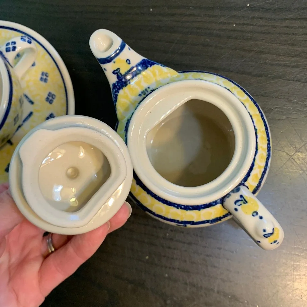 Ceramika Artystyczna Polish Pottery Tea Set Teapot Cup Saucer Yellow Blue READ